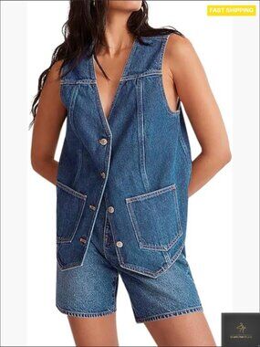 Denim Vest for Women Casual V Neck Button Down Sleeveless Jean Jacket